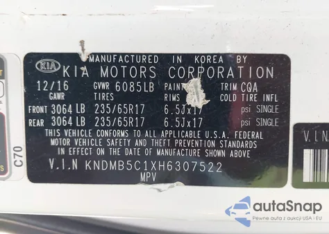 2017 Kia Sedona Lx z USA, uszkodzony, nr VIN KNDMB5C1XH6307522